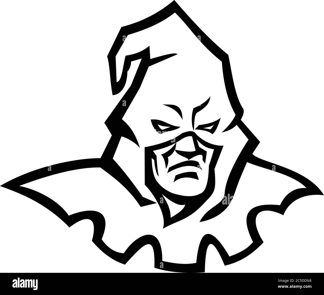 Black and white mascot illustration of  head of a hooded medieval or absolutist executioner or headsman wearing mask viewed from front on isolated bac Stock Vector