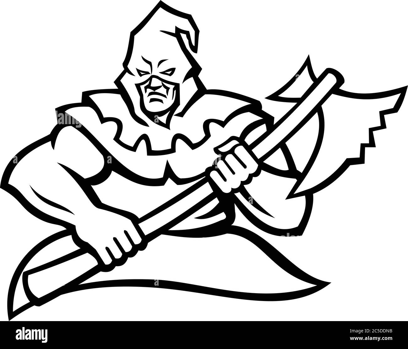 Black and white mascot illustration of a hooded medieval or absolutist executioner or headsman carrying an axe viewed from front on isolated backgroun Stock Vector