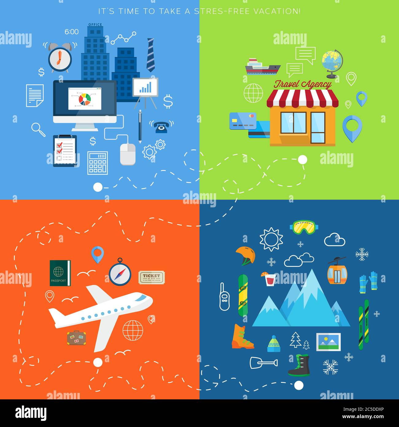 Winter vacation plan abstract vector card with flat icons Stock Vector