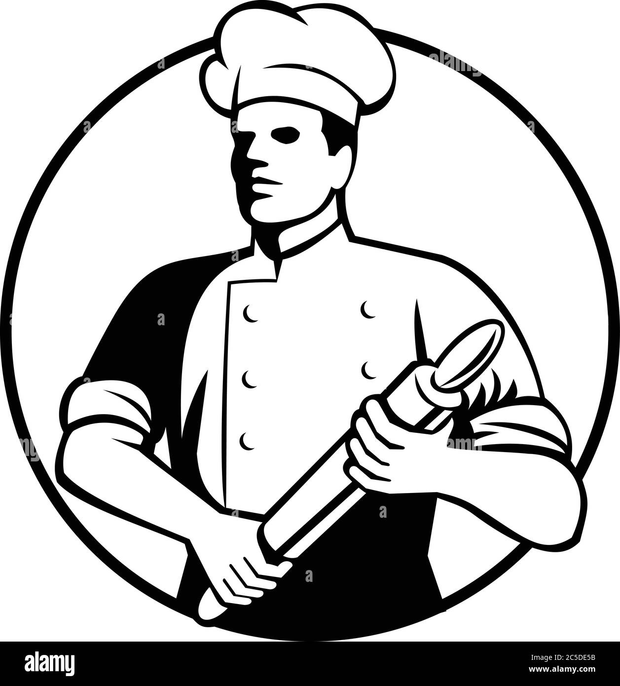 Retro black and white style illustration of a baker, chef, cook or food worker holding a rolling pin viewed from front set inside circle on isolated b Stock Vector