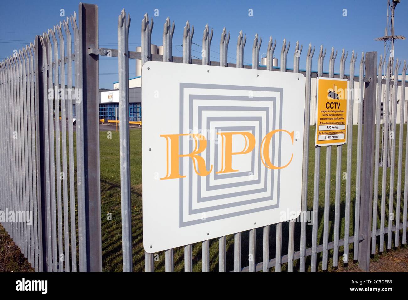 RPC Tedeco Gizeh, makers of plastic cups, sign at factory at Kenfig industrial estate Stock Photo