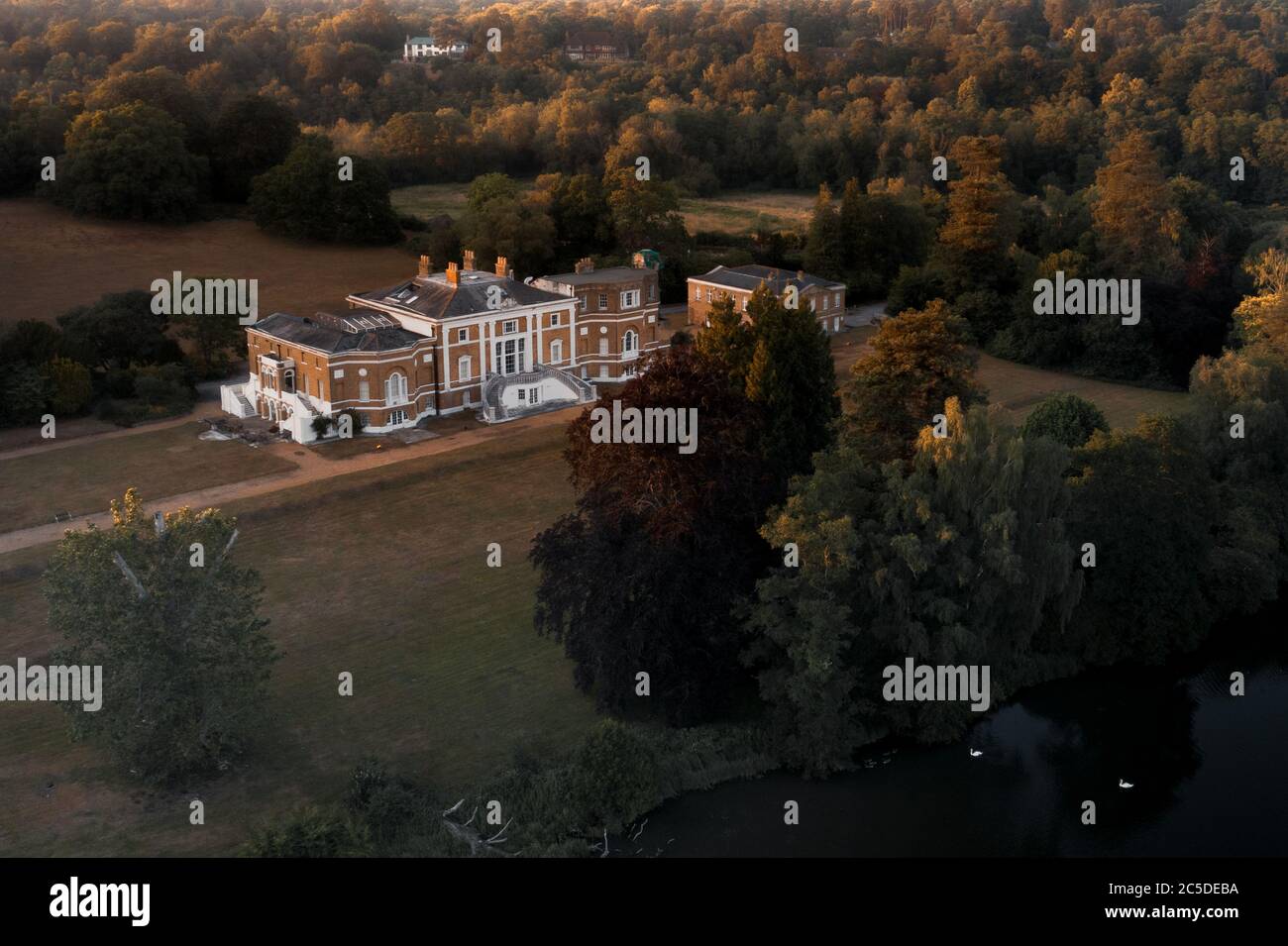 Aerial view Waverley Abbey House, grade II Georgian mansion located near Farnham Stock Photo