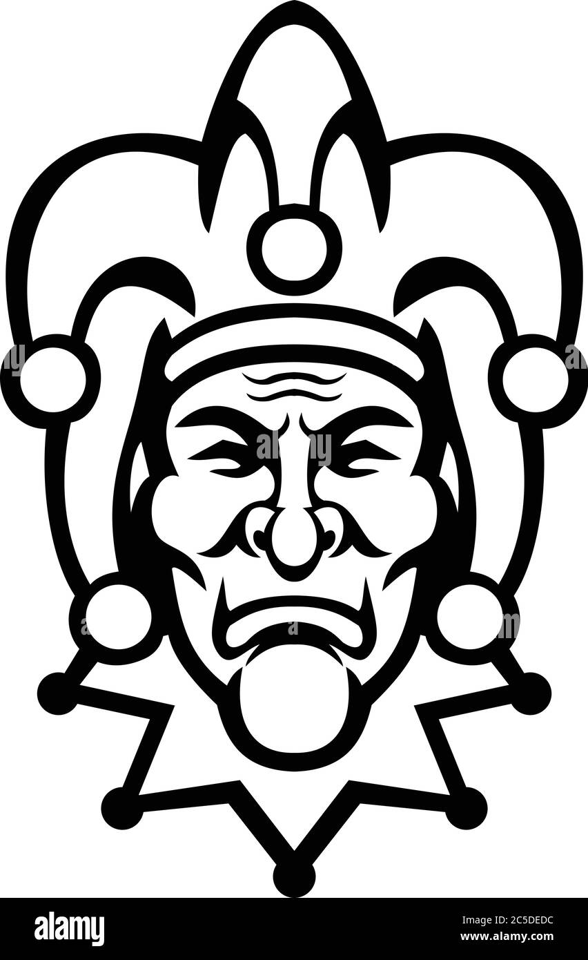 Black and white mascot illustration of head of a jester, court jester, or fool, historically an entertainer during the medieval and Renaissance eras v Stock Vector