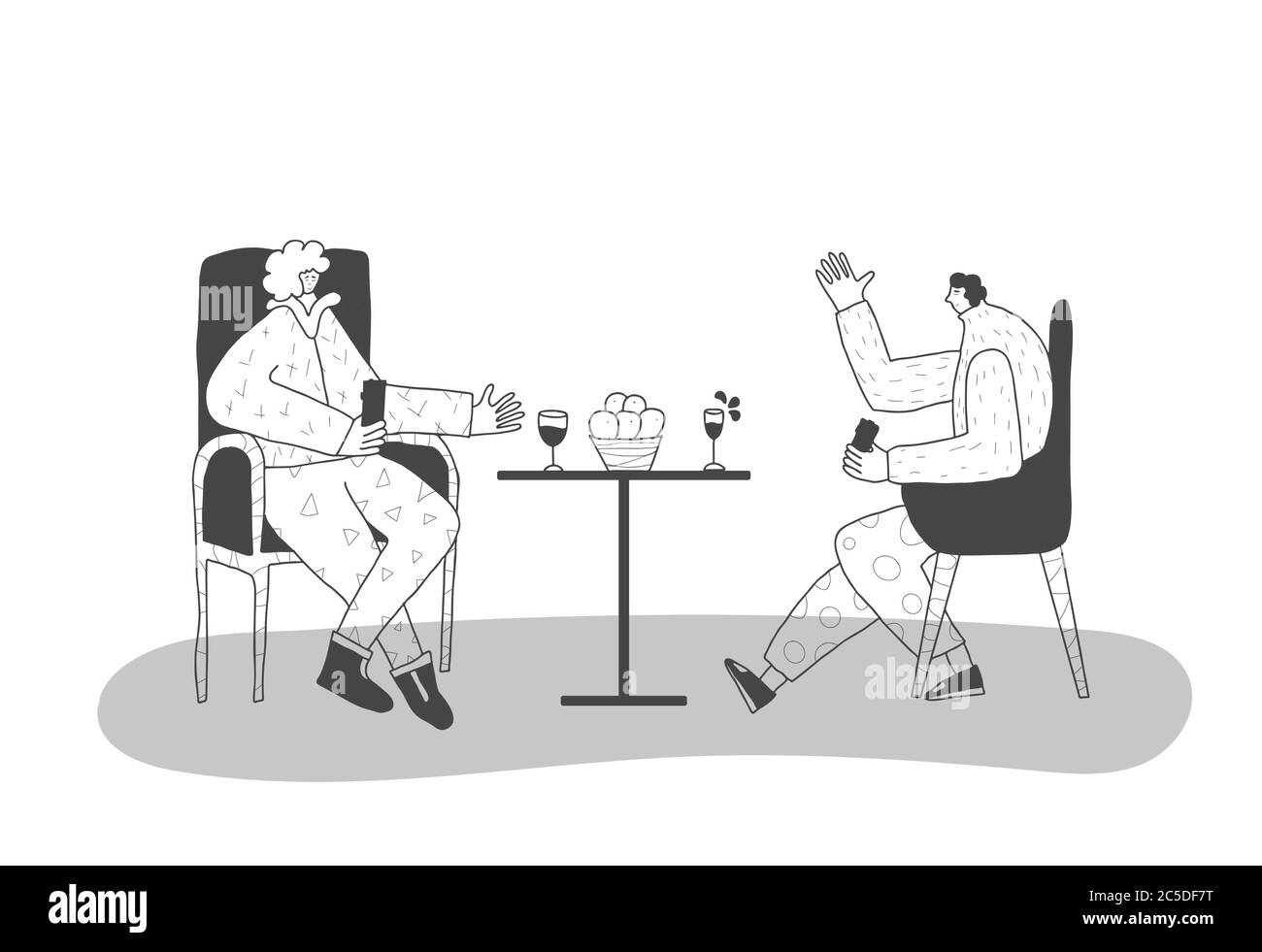 Have some wine Two adult persons sitting in the chair and talking about life. Friends spending time together at restaraunt. Couple enjoying their free Stock Vector