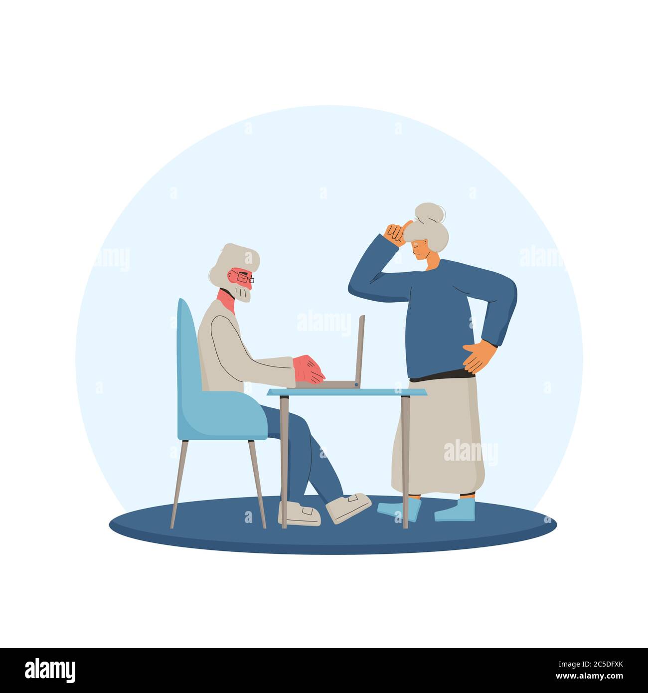 Senior people spend time together. Mature man an woman at the computer. Friends staycation. Pair communication.Vector color illustration. Stock Vector
