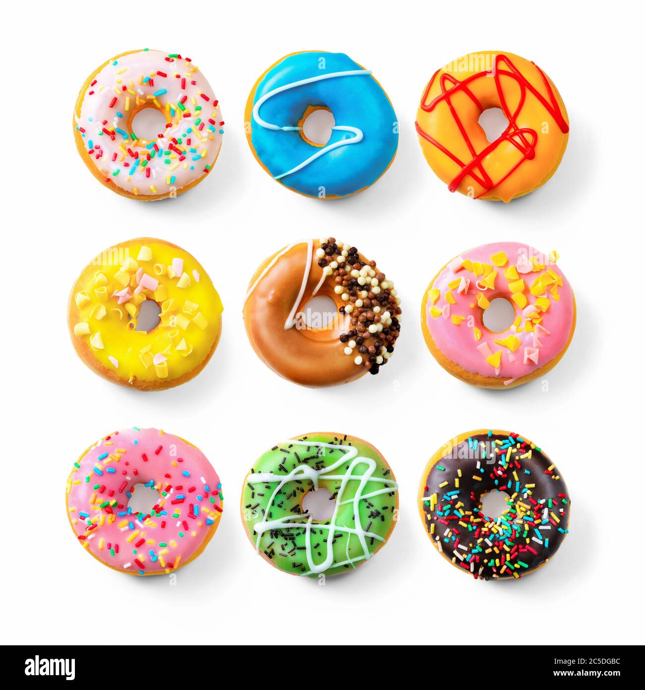 Various colourful donuts isolated on white background Stock Photo