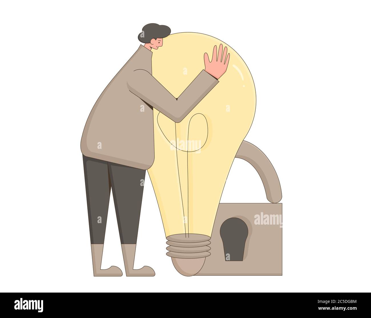 Intellectual property rights. Creator protecting his project. Vector character hugging with creative new idea symbol isolated on white background. Stock Vector