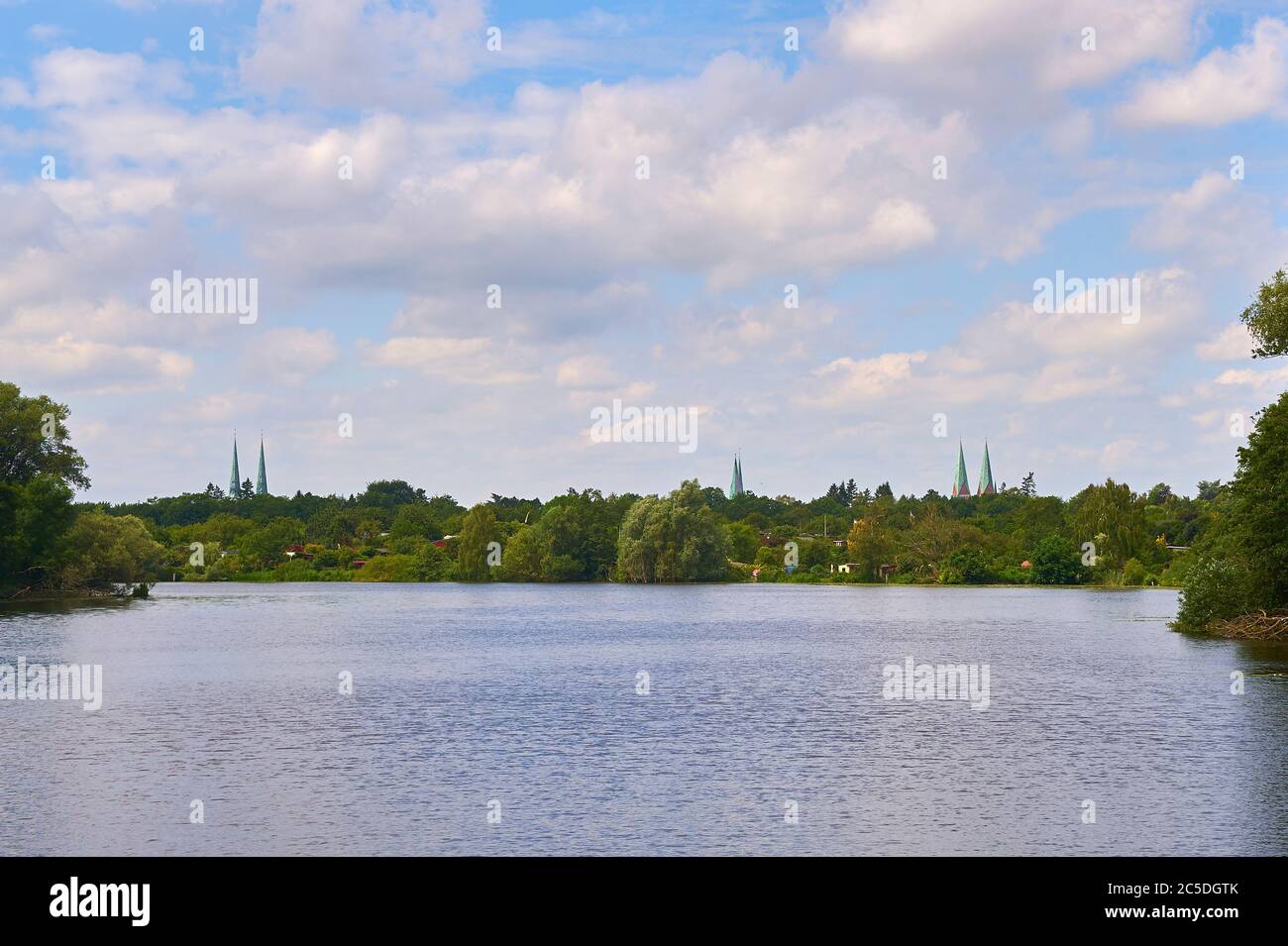 The skyline of Lübeck, seen from the Wakenitz river Stock Photo