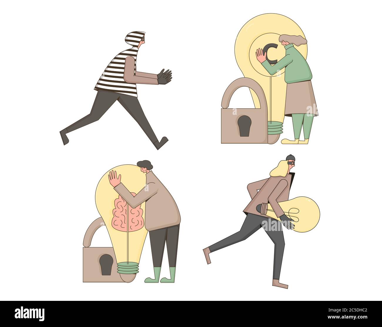 Intellectual property rights protect set. Plagiarism and infringement