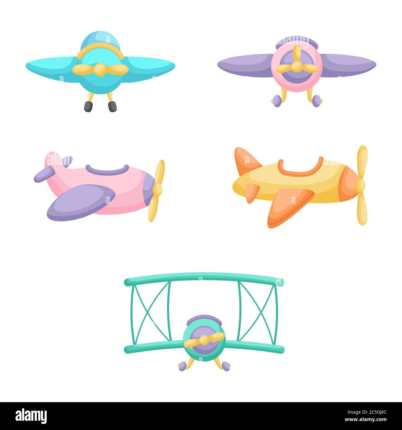 Collection of cute cartoon baby's planes isolated on white background. Set of different models of planes for design of kid's rooms clothing textiles Stock Vector