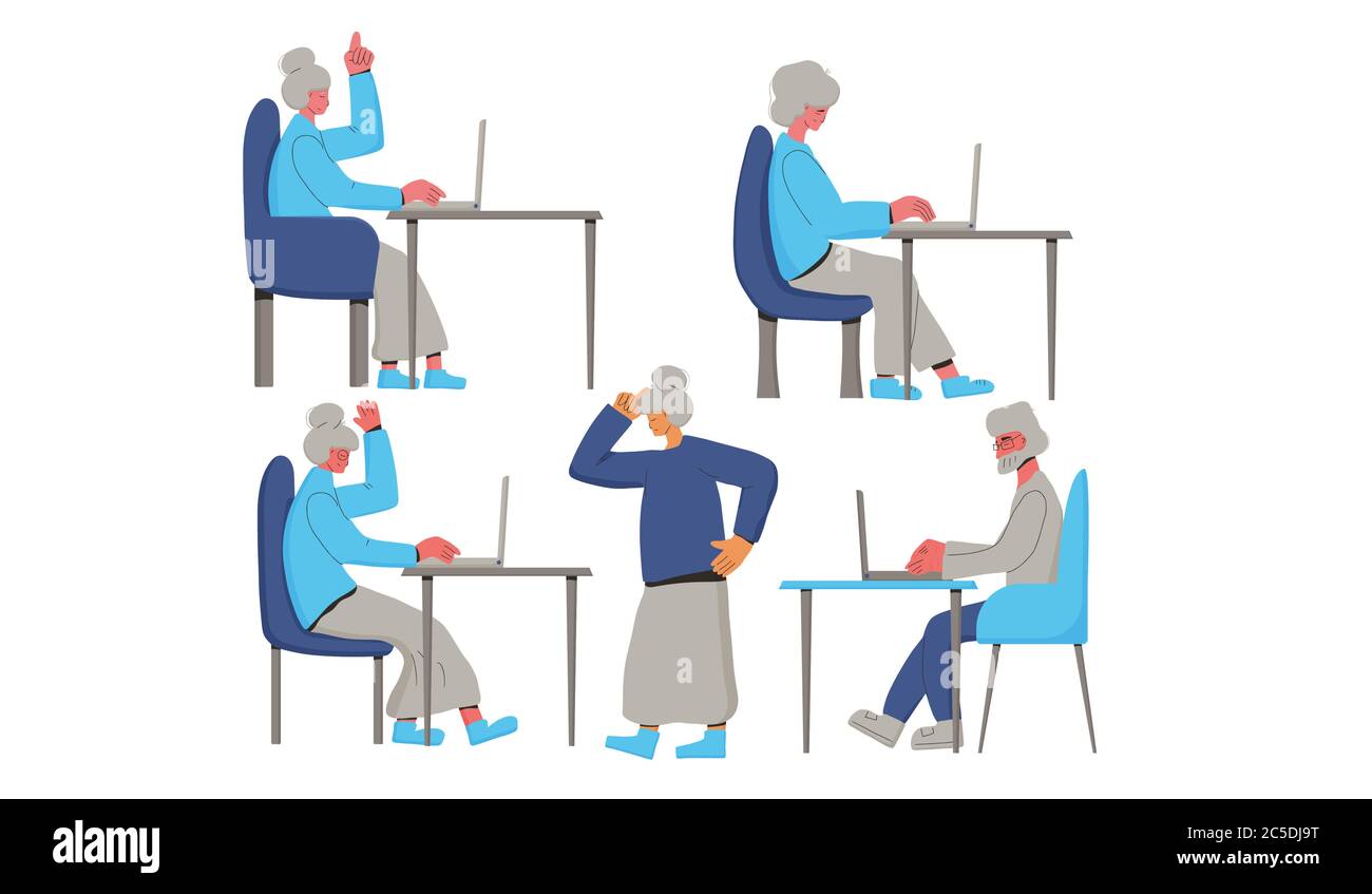 Senior people spend time using laptop. Mature men an women at the computer isolated on white background. Vector color illustration. Stock Vector
