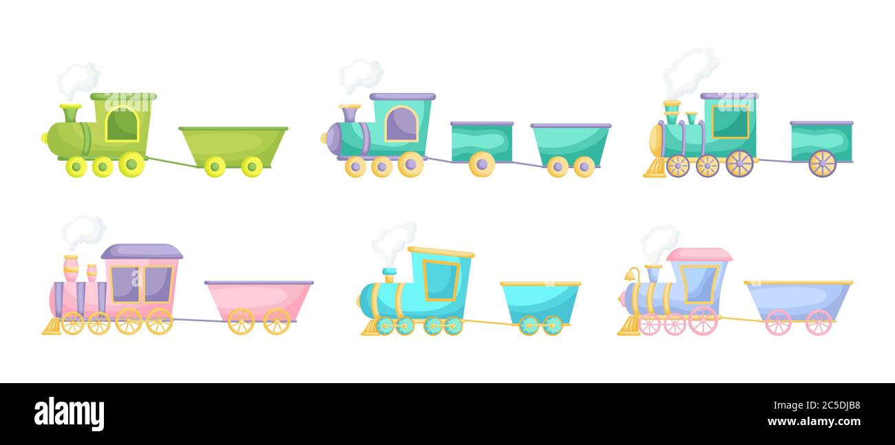 Collection of cute cartoon baby's trains isolated on white background. Set of different models of trains for design of kid's rooms clothing textiles Stock Vector