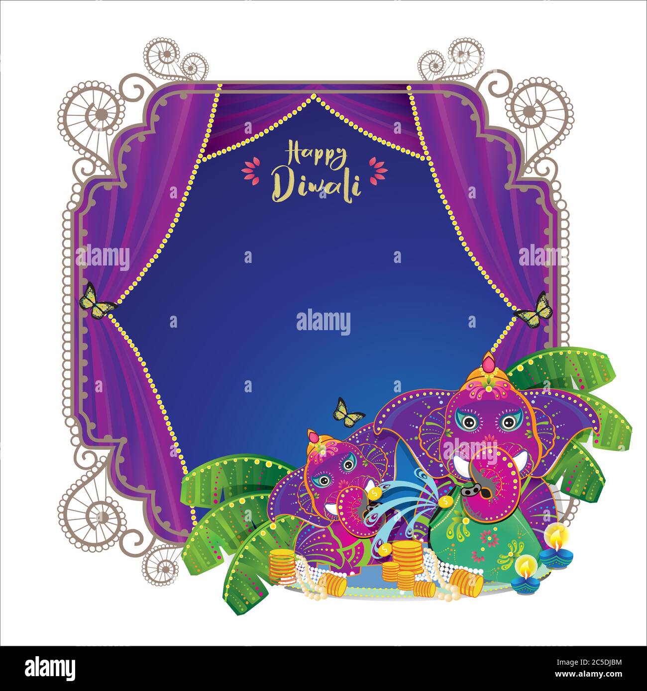 Diwali is the five-day festival of lights, celebrated by millions of Hindus, Sikhs and Jains across the world. Backdrop vector design with elephant. Stock Vector