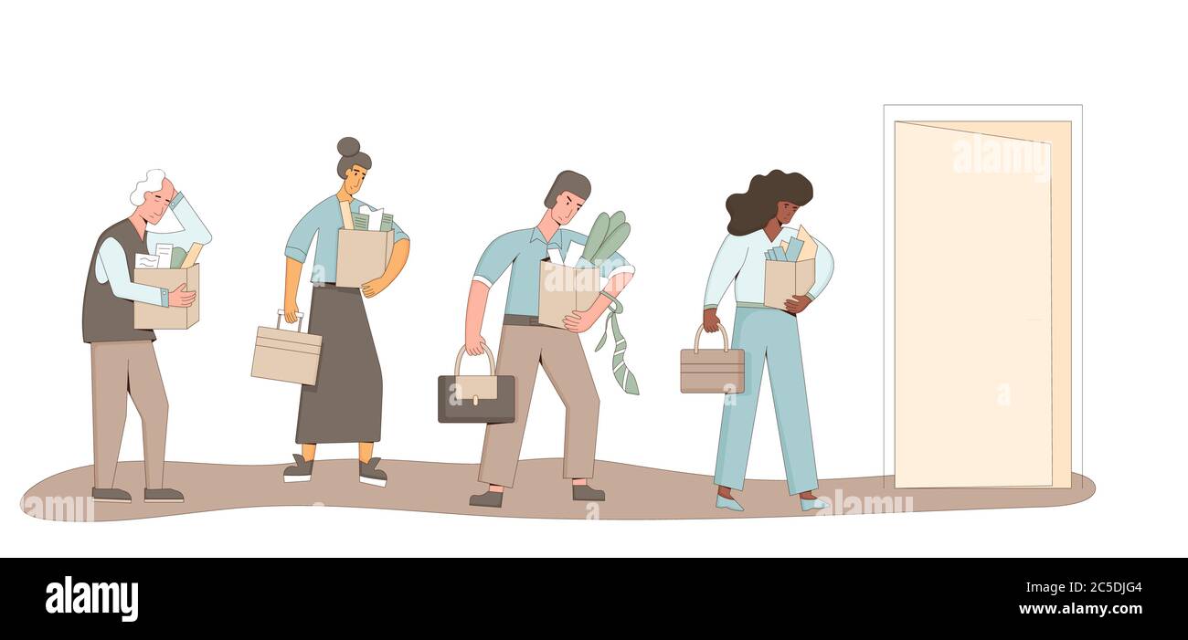 Unemployed people set. Dismissed sad coworkers holding paper box collection leaving their office. Work crisis. Fired men and women with his things iso Stock Vector