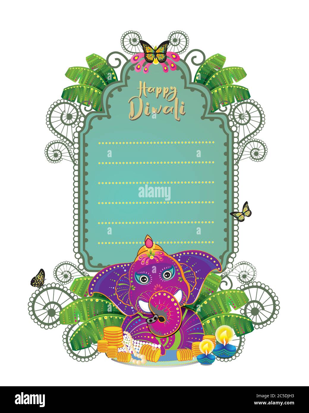 A vector greeting frame of Diwali with elephant that carrying wealth and auspicious blessing. Stock Vector