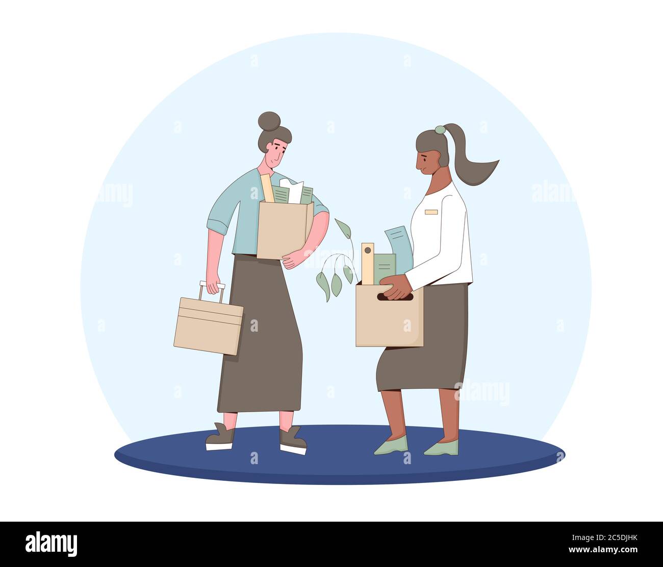 Unemployment concept. Dismissed sad characters holding paper box. Work crisis. Fired unhappy two friends standing with his things. Coworkers standing Stock Vector