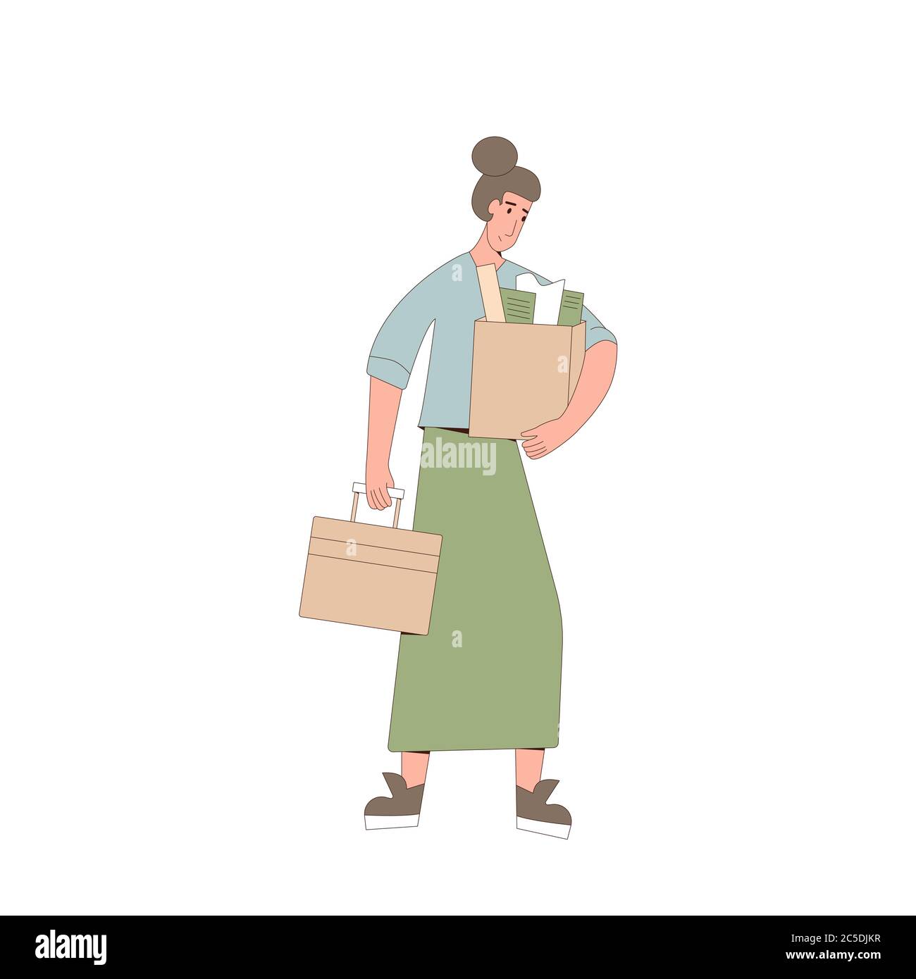 Unemployed woman. Dismissed sad character holding paper box. Work crisis. Fired unhappy young person standing with her stuff isolated. Stock Vector