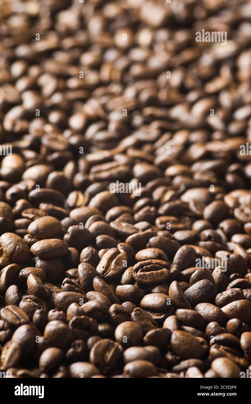 Roasted coffee beans background - full frame detail. Close up of a ...