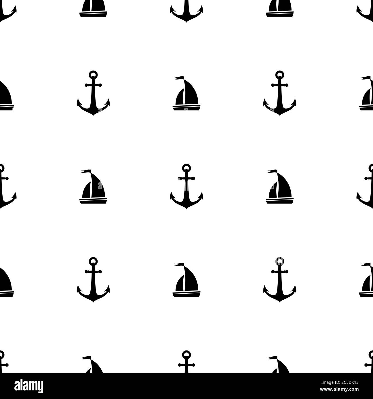 Nautical seamless pattern with black anchors and boats on white. Ship and boat style ornament. Marine background with. Summer vector flat illustration Stock Vector