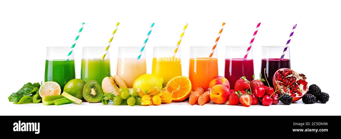 Assortment of fresh fruits and vegetables juices in rainbow colors isolated  on white background Stock Photo - Alamy