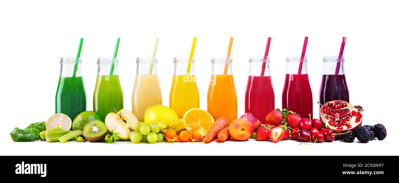 Assortment of fresh fruits and vegetables juices in rainbow colors isolated on white background