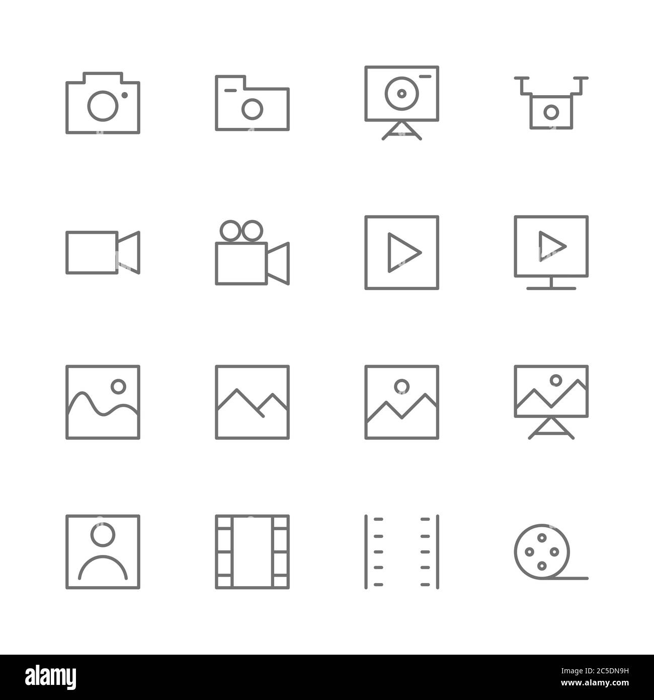 Simple Set of Camera Related Vector Thin line Icons. Contains such as Video, photo, image, drone, recorder, phyography, film, picture, cinema, studio Stock Vector