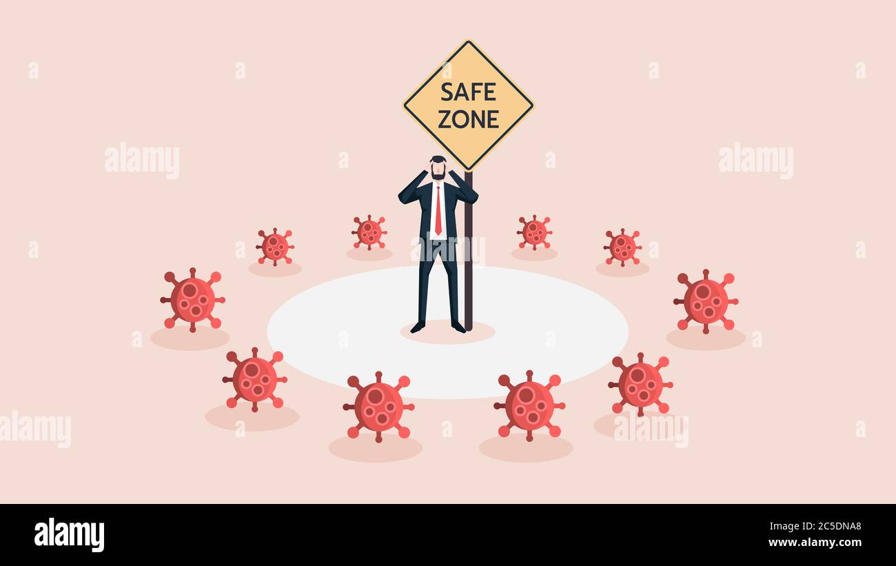 Business Man Stand in Safe Zone. Surrounded by Covid-19 Coronavirus Crisis. Business People Survive or Handle or Control His Business or Company or Fi Stock Vector