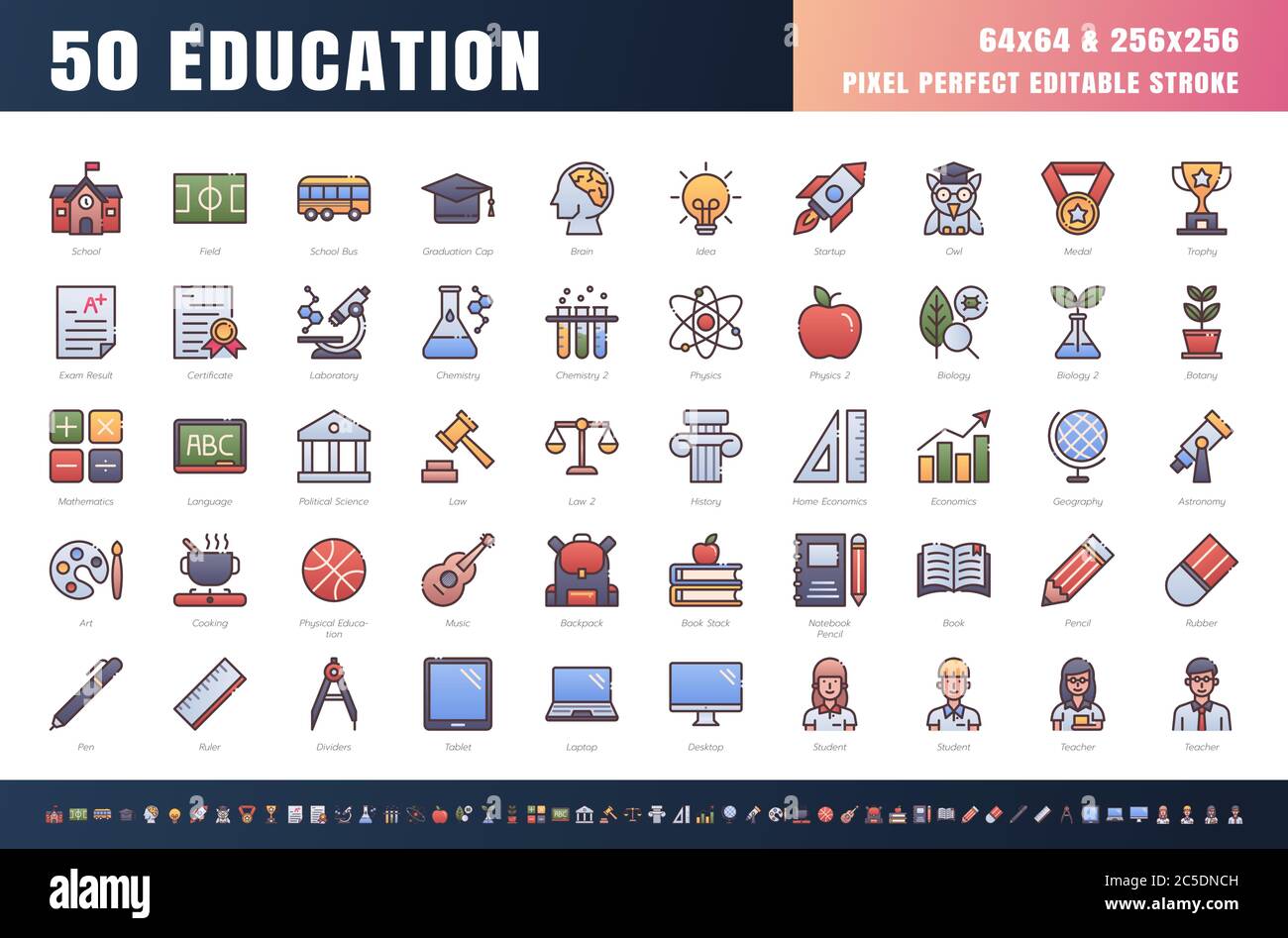Vector of 50 Education and School Subject. Filled Gradient Color Line Outline Icon Set. 64x64 and 256x256 Pixel Perfect Editable Stroke. Vector. Stock Vector