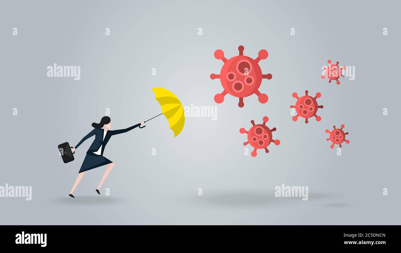 Businesswoman With Yellow Umbrella Defense Coronavirus 2019 or Covid-19. Meaning is Protect Her Business, Company, Financial to Survive and Move on in Stock Vector