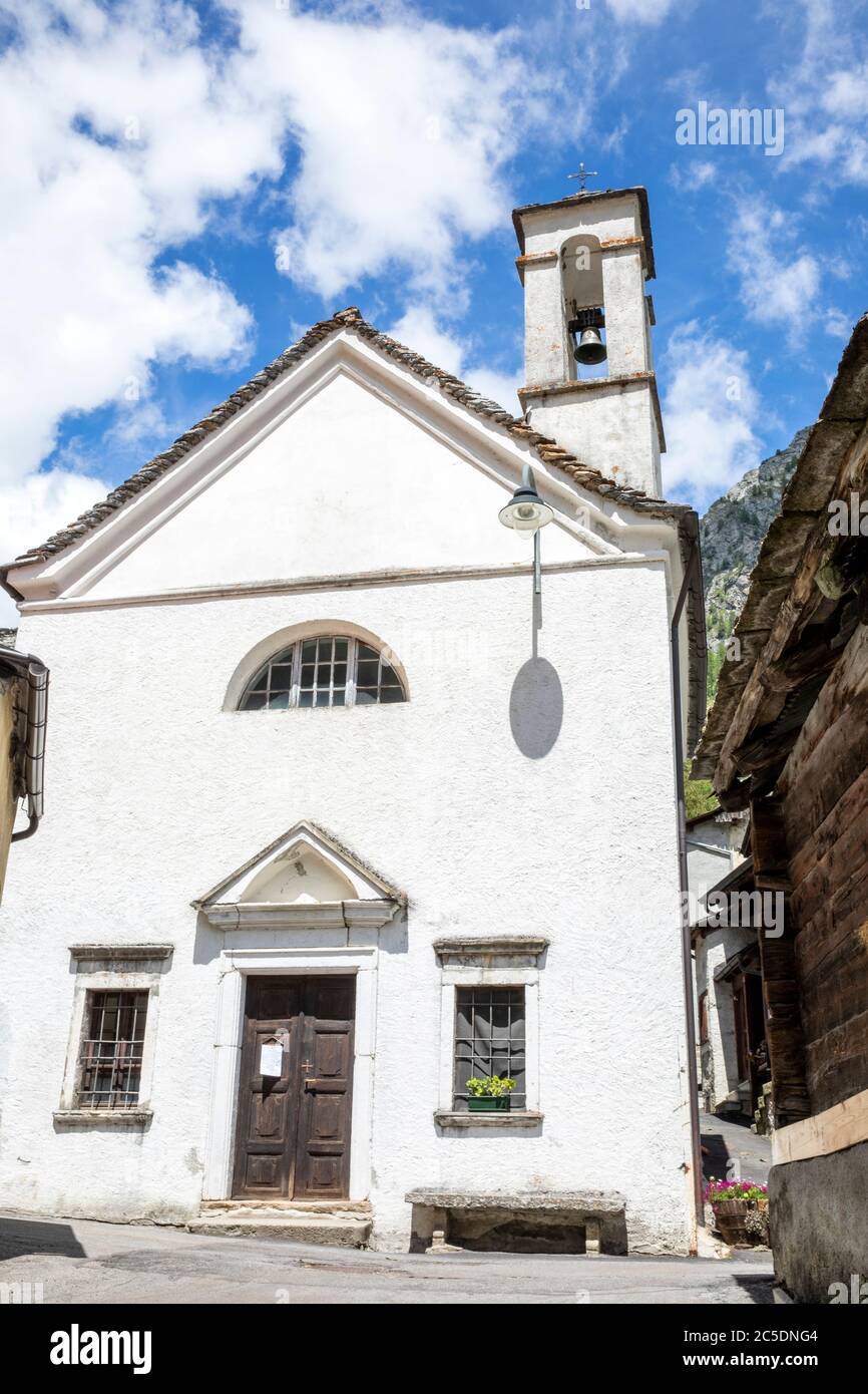 Canza (VCO), Italy - June 21, 2020: The church at Canza village, Formazza Valley, Ossola Valley, VCO, Piedmont, Italy Stock Photo
