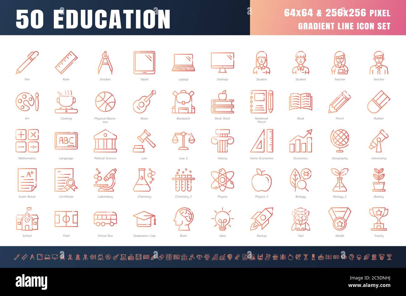Vector of 50 Education and School Subject. Gradient Line Outline Icon Set. 64x64 and 256x256 Pixel Perfect. Expanded Stroke. Vector. Stock Vector