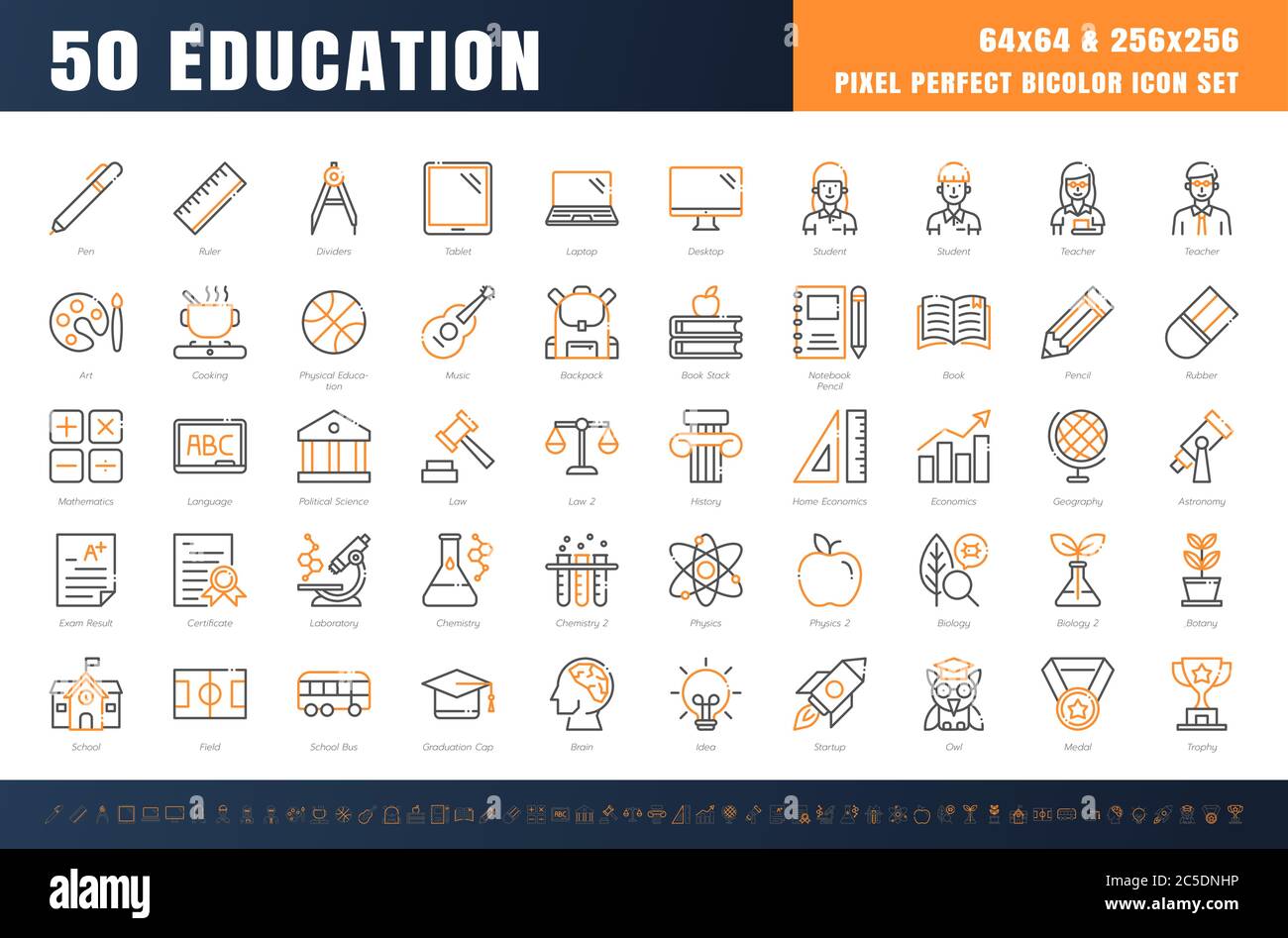 Vector of 50 Education and School Subject. Bicolor Line Outline Icon Set. 64x64 and 256x256 Pixel Perfect Editable Stroke. Vector. Stock Vector