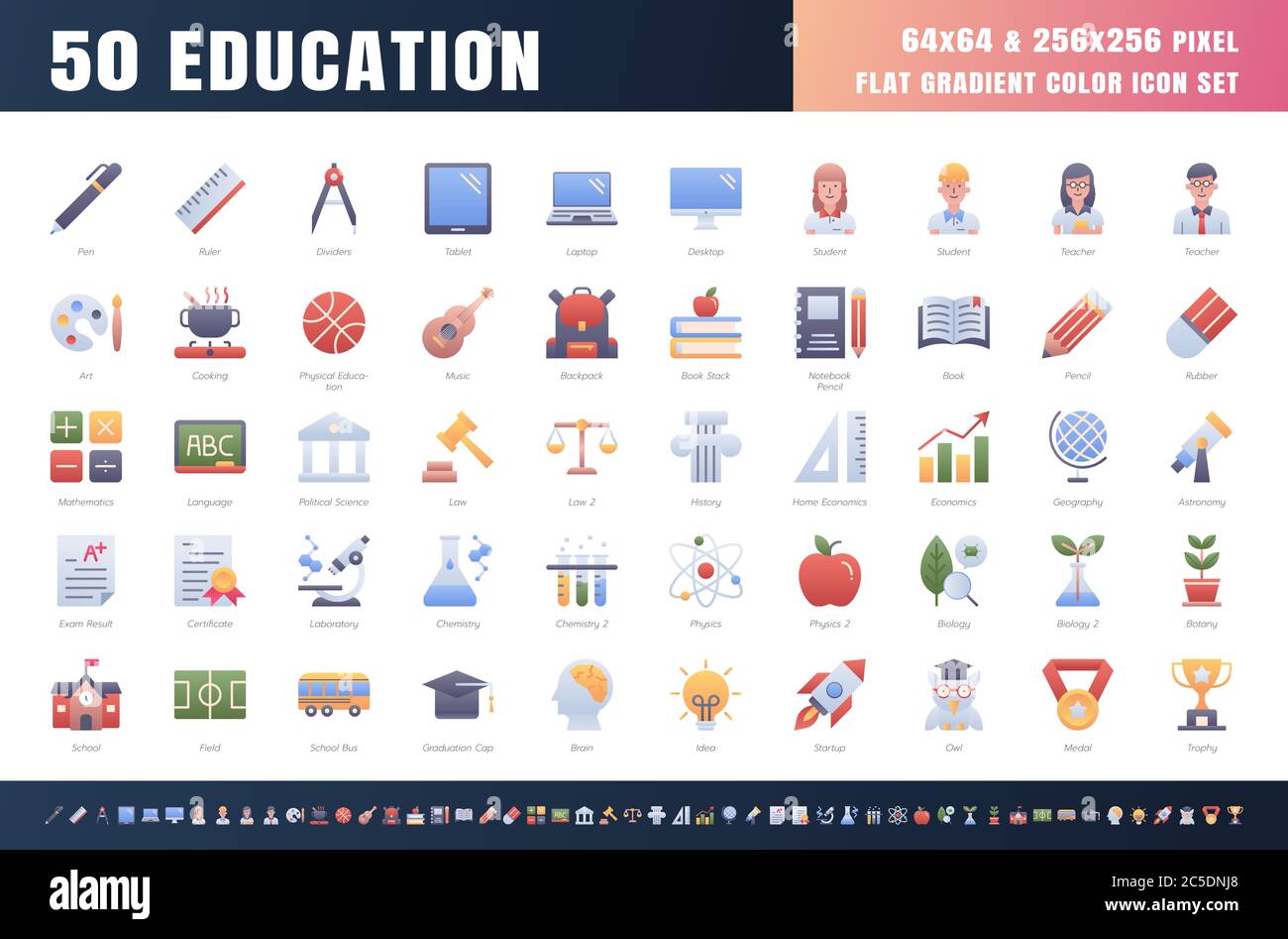 Vector of 50 Education and School Subject. Flat Gradient Color Icon Set. 64x64 and 256x256 Pixel. Vector. Stock Vector