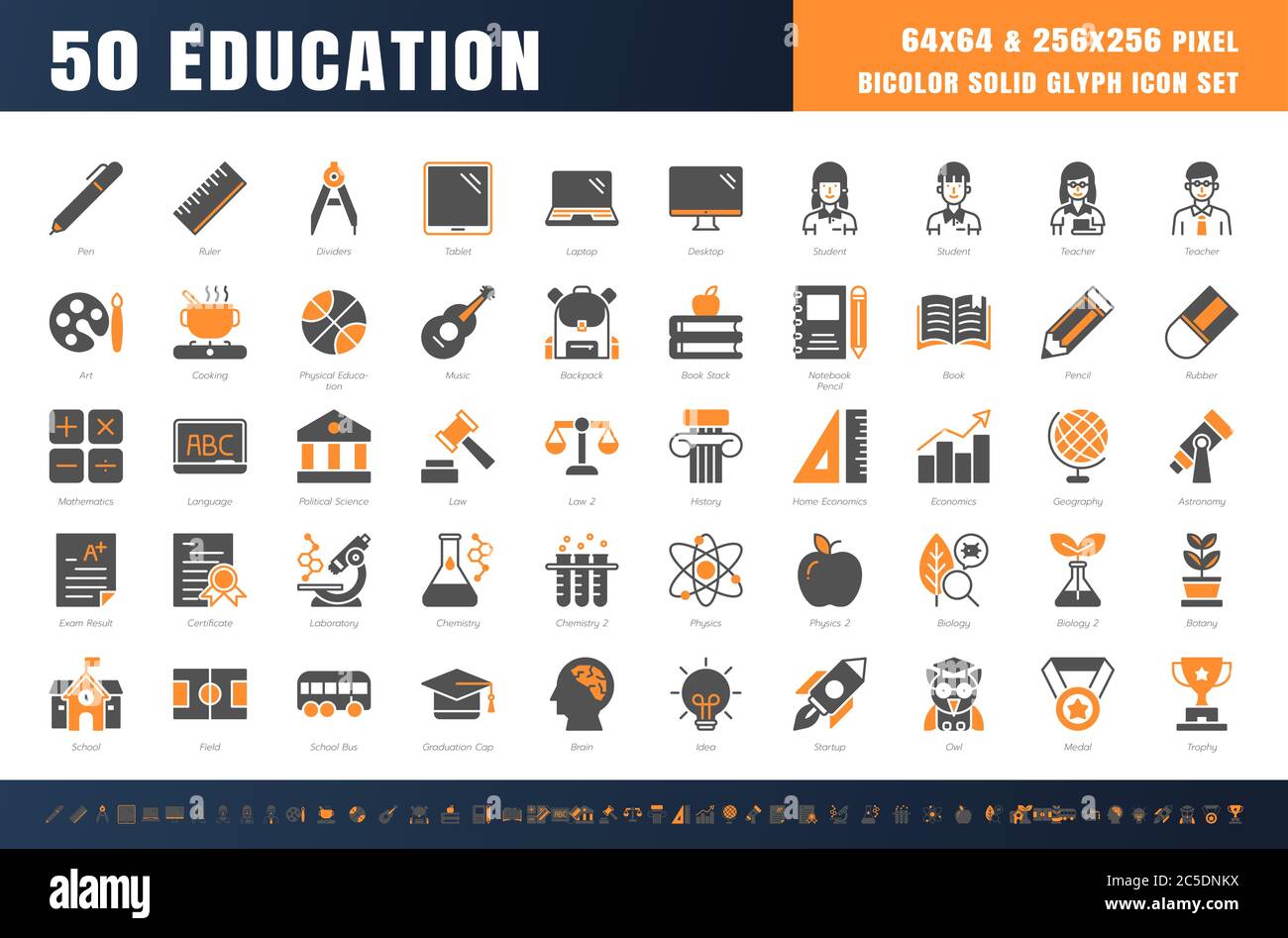 Vector of 50 Education and School Subject. Bicolor Solid Glyph Icon Set. 64x64 and 256x256 Pixel Perfect Editable Stroke. Vector. Stock Vector