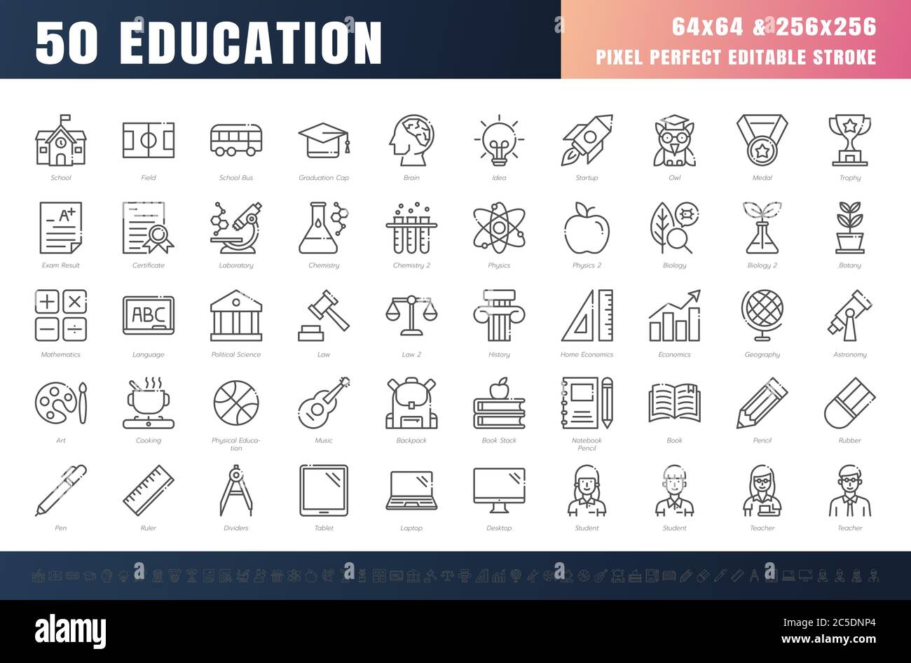 Vector of 50 Education and School Subject Line Outline Icon Set. 64x64 and 256x256 Pixel Perfect Editable Stroke. Vector. Stock Vector