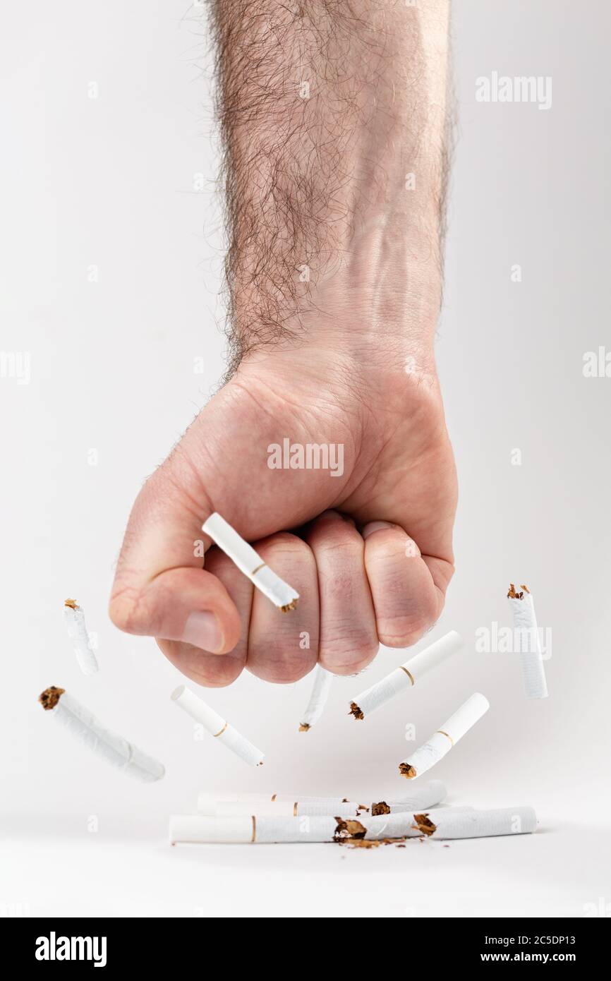 The concept of nicotine addiction and anti-Smoking. A man's fist smashes cigarettes. White background. Vertical orientation. Stock Photo