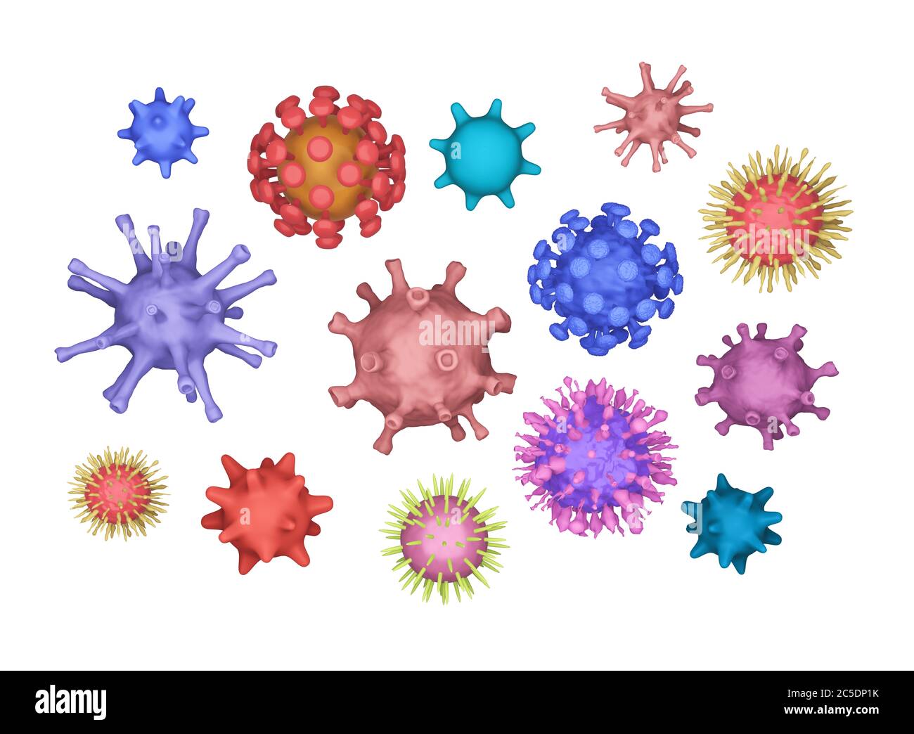 Different kinds of viruses, coronavirus, COVID-19, herpes, speed hiv. Biology organisms backdrop in collage style. Many different viruses on a white b Stock Photo