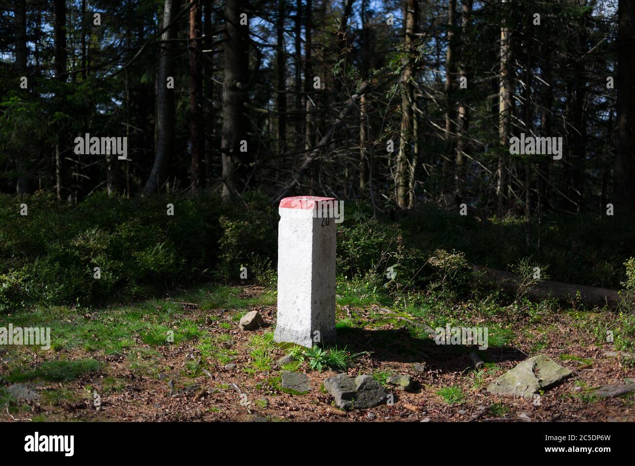 Border stone - pillar is marking borderline of state and country. Marker demarcates unguarded boundary line in forest Stock Photo