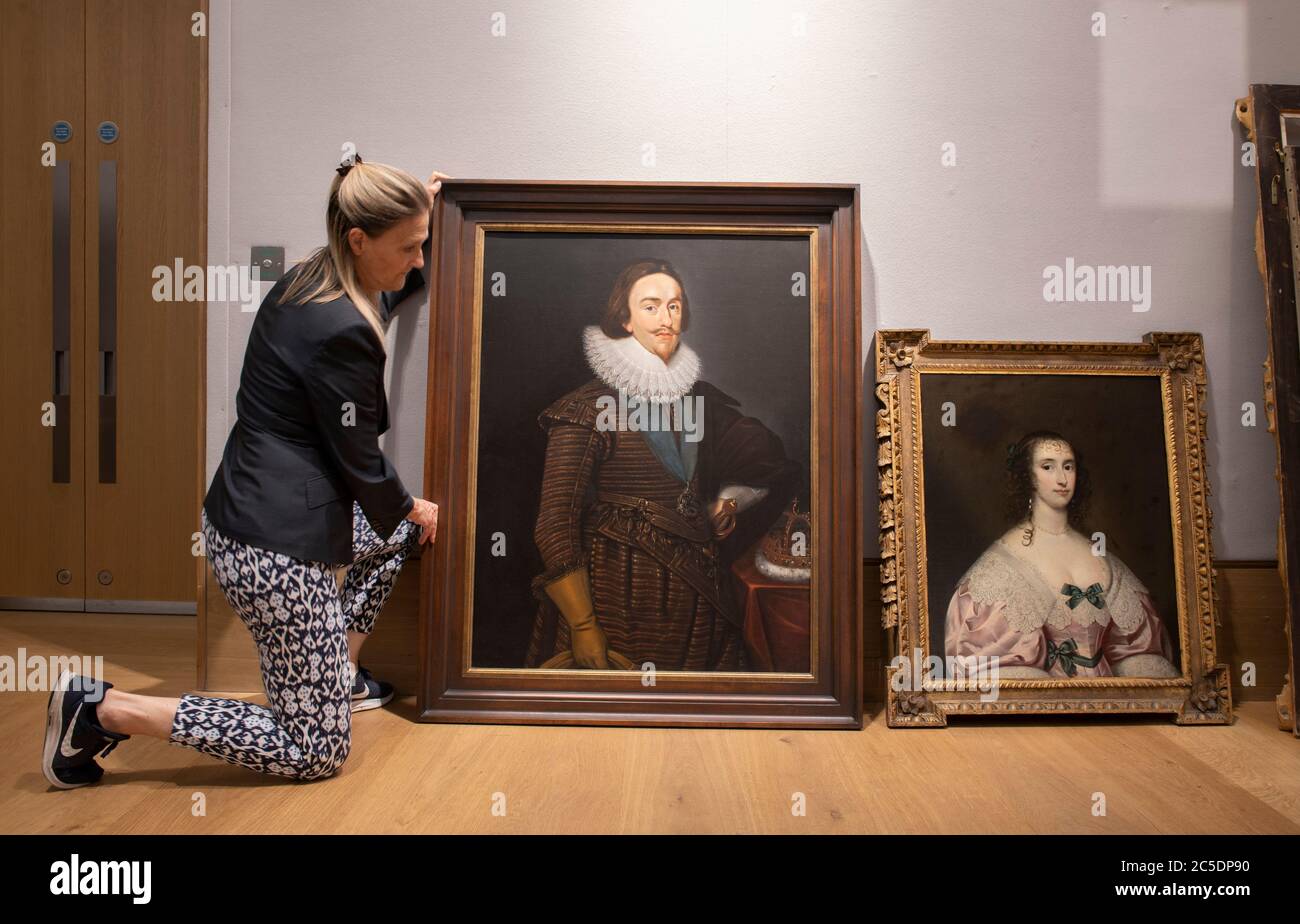 Bonhams, New Bond Street, London, UK. 2nd July 2020. Bonhams Old Masters Paintings Sale preview, with the sale being held on 7th and 8th July, during London Art Week. Image: Circle of Daniel Mytens (?Delft 1590-1644 The Hague). Portrait of King Charles I, three-quarter-length, standing, wearing a brown and gold doublet and hose, the sash of the Order of the Garter and the Great George, holding a pair of gloves, beside the Scottish crown laid on a table, estimate: £15,000-20,000. Credit: Malcolm Park/Alamy Live News. Stock Photo