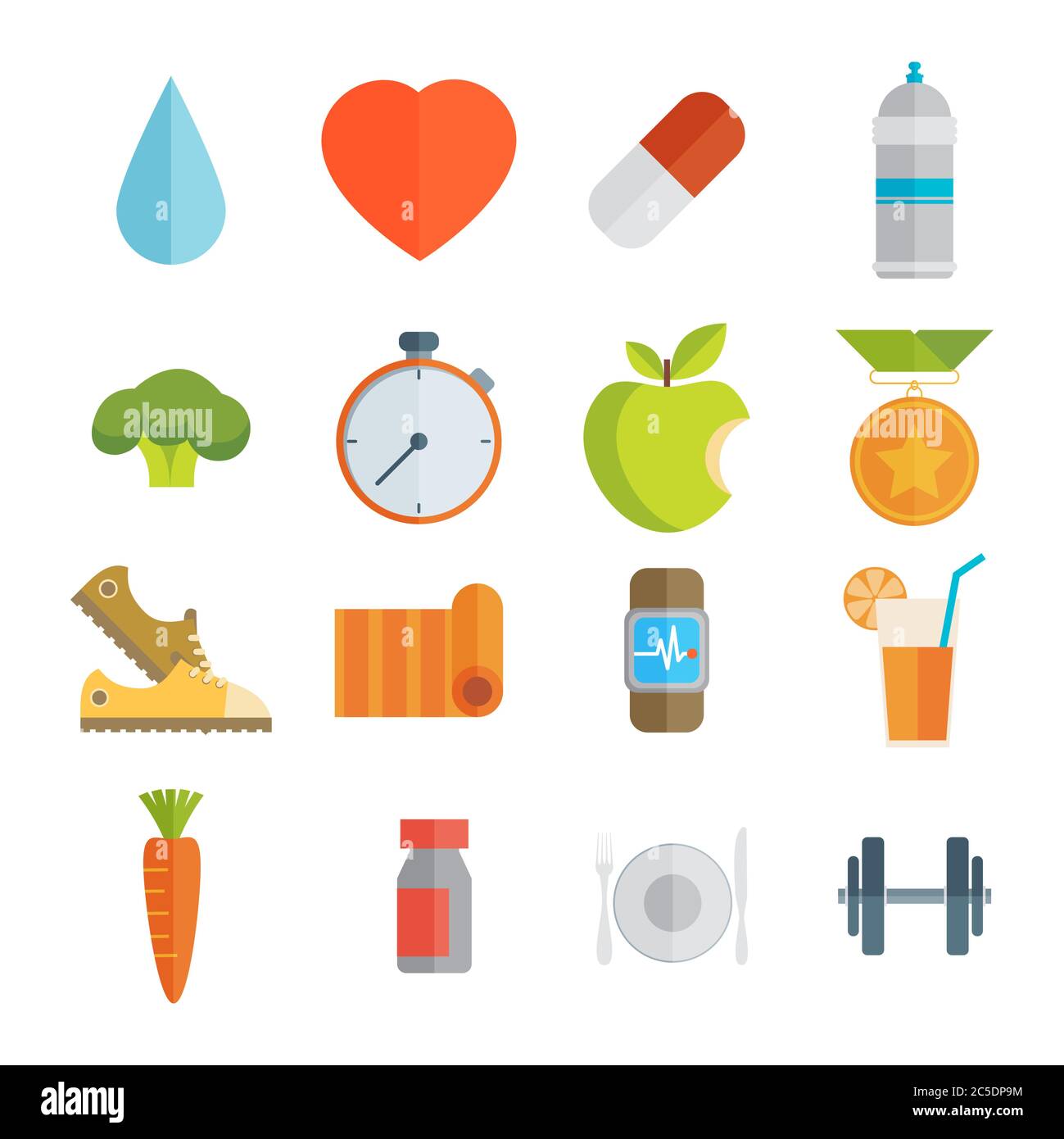 Sport and healthy life concept flat icon set of jogging, gym, food, metrics etc. Isolated vector illustration, modern design element Stock Vector
