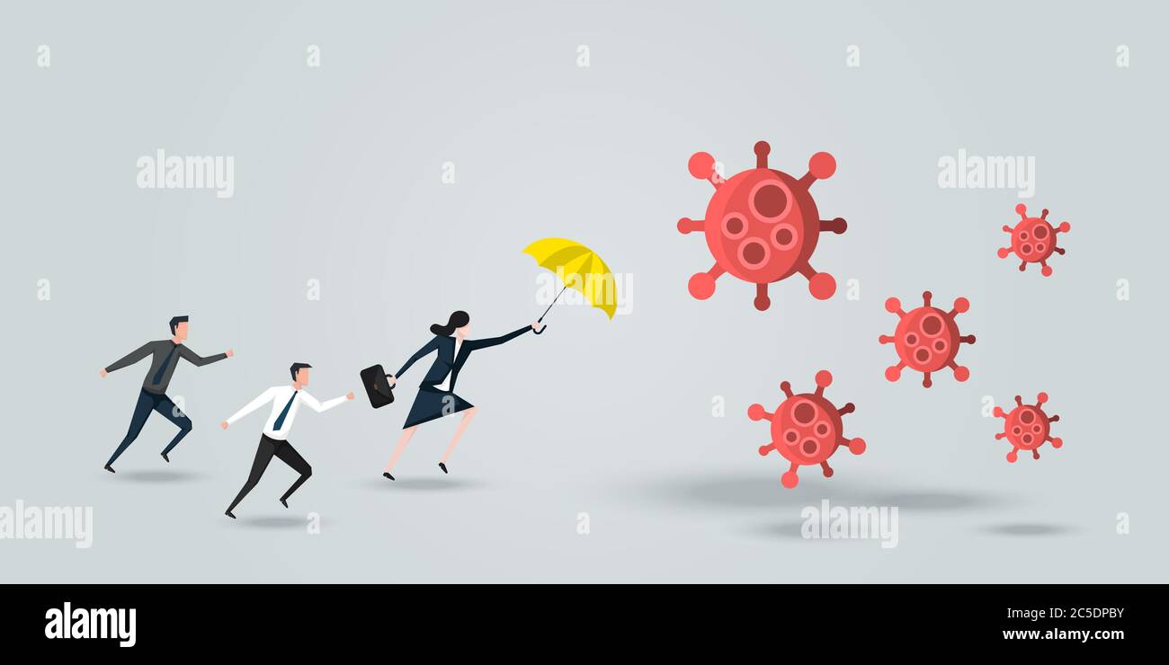 Female Leader Protect His Team, a Business Woman With Yellow Umbrella Defense Coronavirus 2019 or Covid-19, Business Concept of Teamwork and leadershi Stock Vector