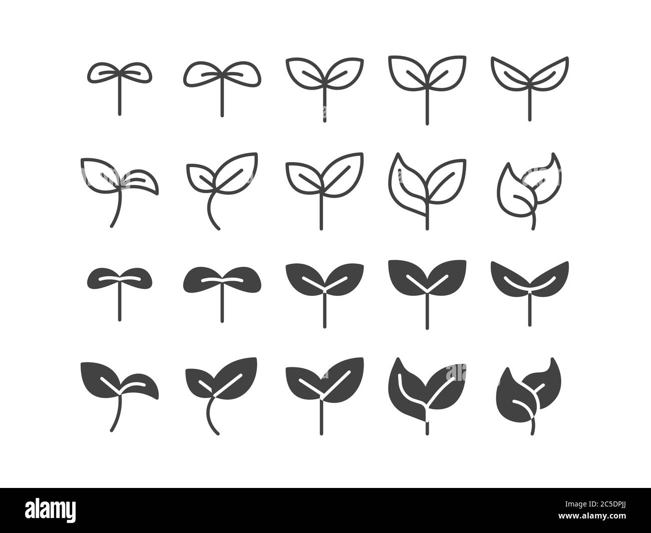 Sprout Leaf Outline and Solid Glyph Combo Icon Set Spring Concept Illustration Vector EPS 10 Editable Stroke Stock Vector