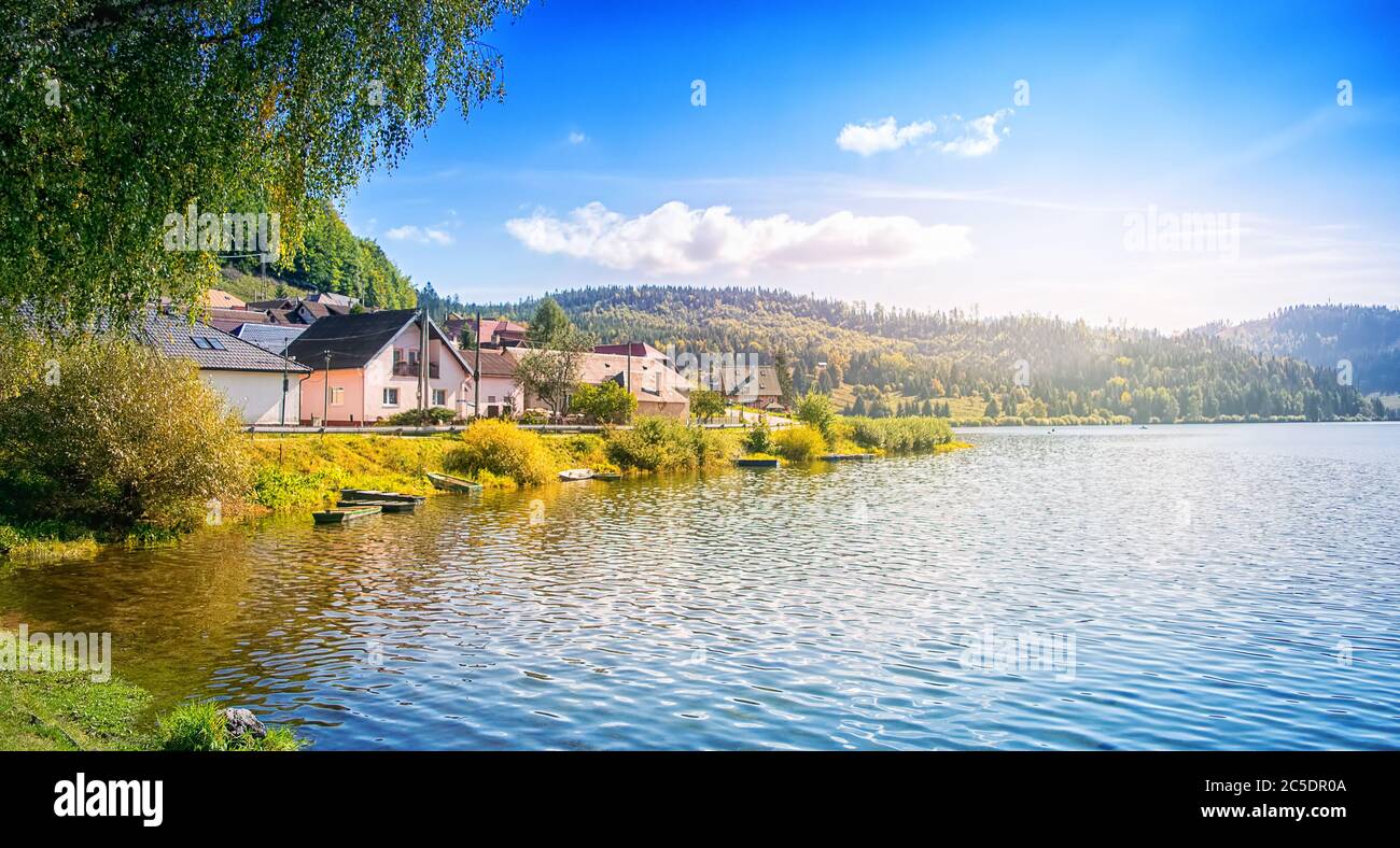 Dedinky, small village in eastern Slovakia, near a lake. Stock Photo