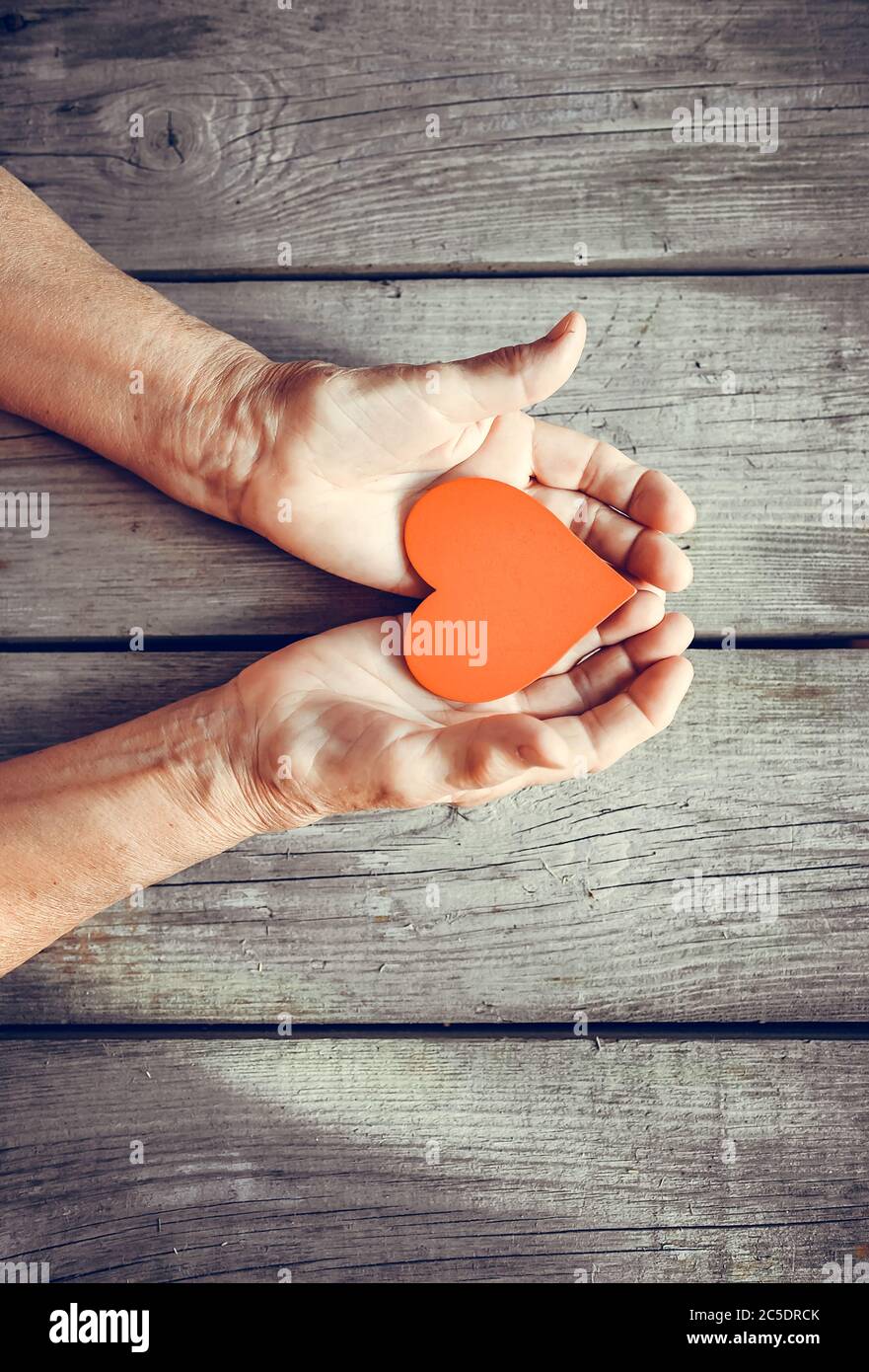 Elderly Woman Hands Closeup Holding Red Heart Rustic Wooden Table Background Love Warmth Take Care Concept Valentines Mothers Day Donate Help Stock Photo Alamy