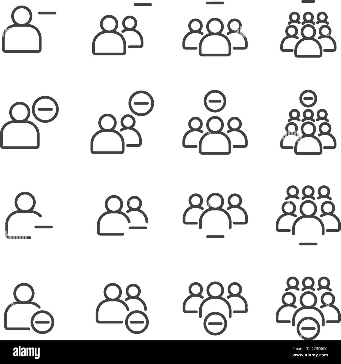 Simple Set of Business People Related Vector flat Line Icons. Contains such as teamwork, group of people, colleague, negative, deleted, dismissed and Stock Vector