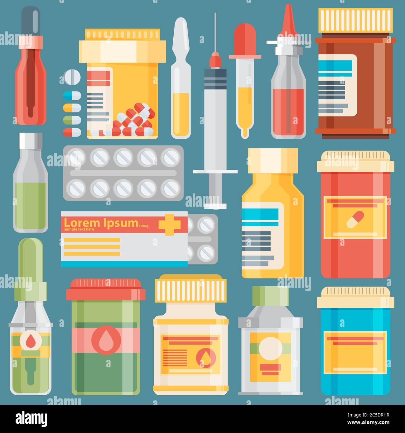 Medicine bottles collection. Bottles of drugs, tablets, capsules and sprays. Vector illustration Stock Vector