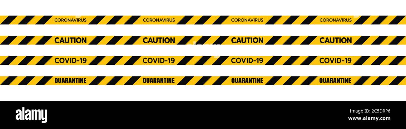 Vector of Yellow Caution Euro Tape of COVID-19Set Warning Coronavirus Outbreak of Quarantine Area, Infection Virus Disease, Risk Area Zone. Biohazard. Stock Vector