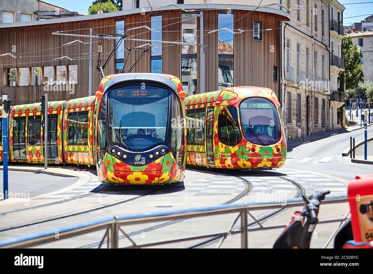 MONTPELLIER, FRANCE - June 24, 2015: City public transport. Beautiful multi-colored tram Stock Photo