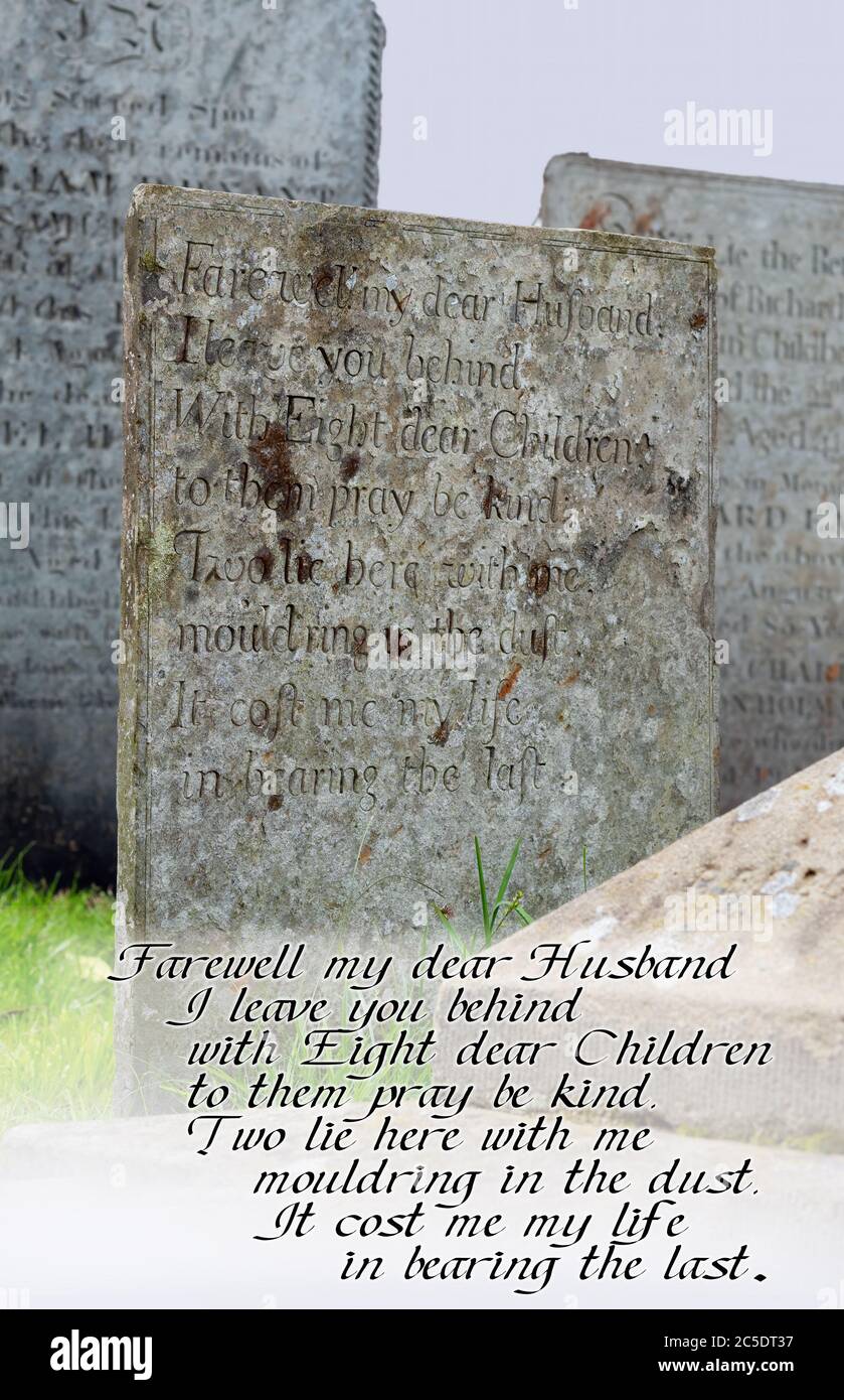 Ancient epitaph for nameless woman and mother of 10. Bideford, Devon. Stock Photo