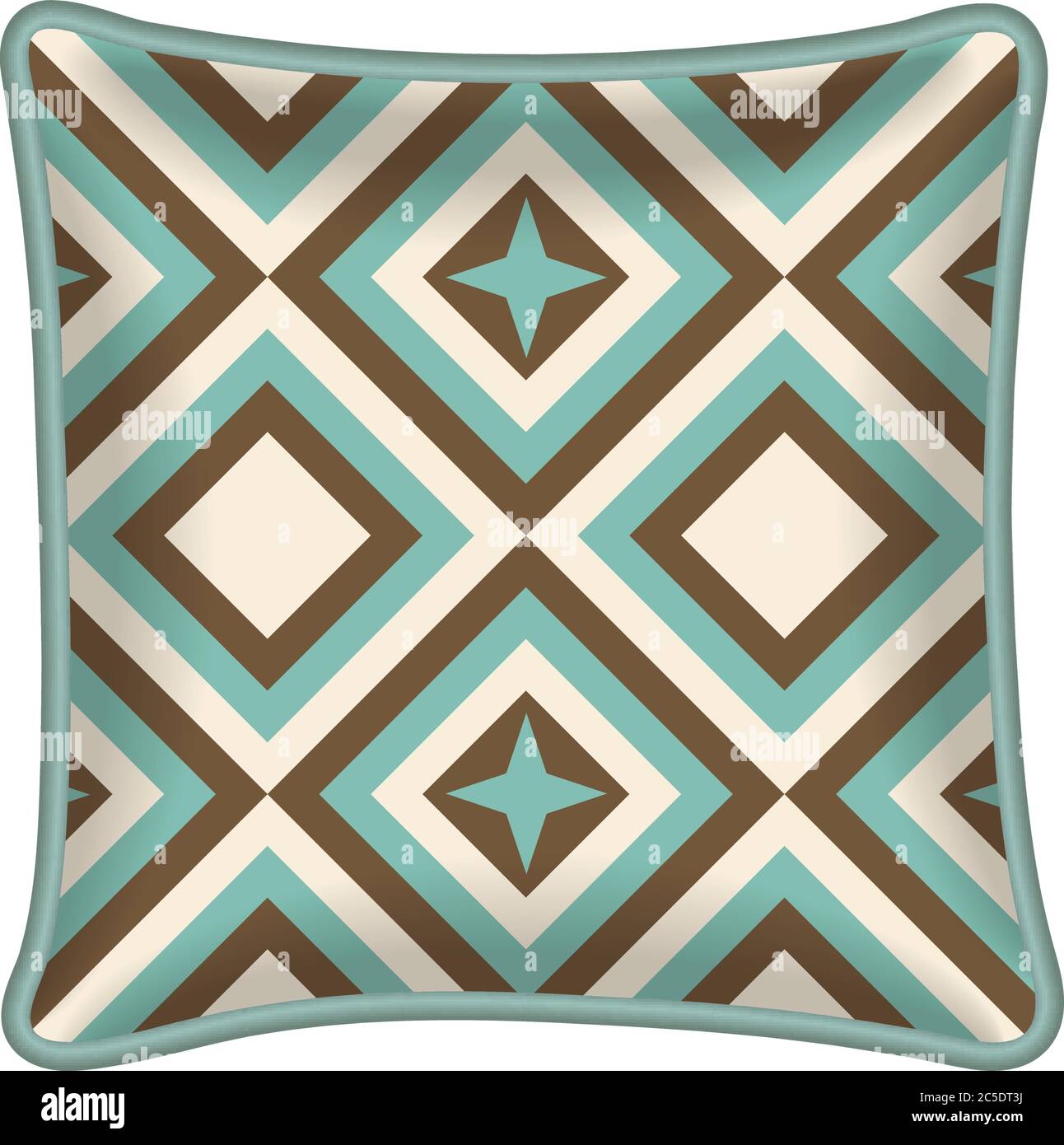 Interior design element: Decorative pillow with patterned pillowcase (abstract geometric pattern in mint and brown colors). Isolated on white. Vector Stock Vector
